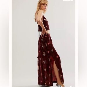 Free People Sonja Velvet Embroidered Floral Top& Maxi Skirt Slip Set